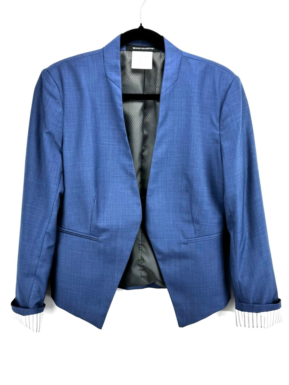 Women’s Slate Blue Open-Front Wool Blazer Jacket - Cuffed Sleeves